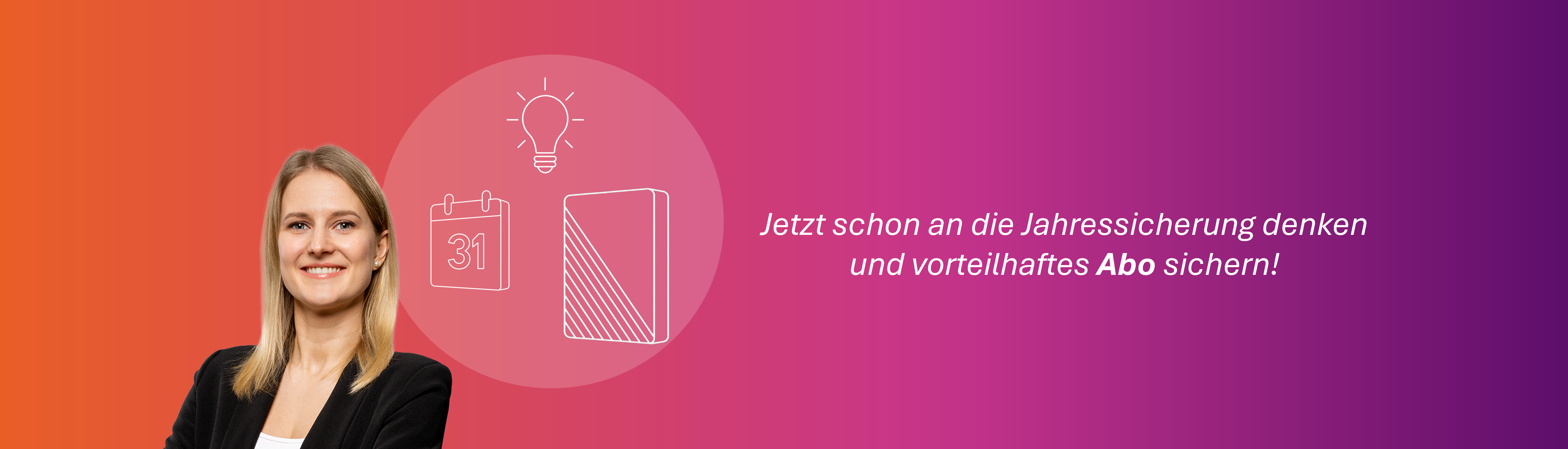 Jahressicherung frau, geschäft, blazer, porträt, lila-pink verlauf