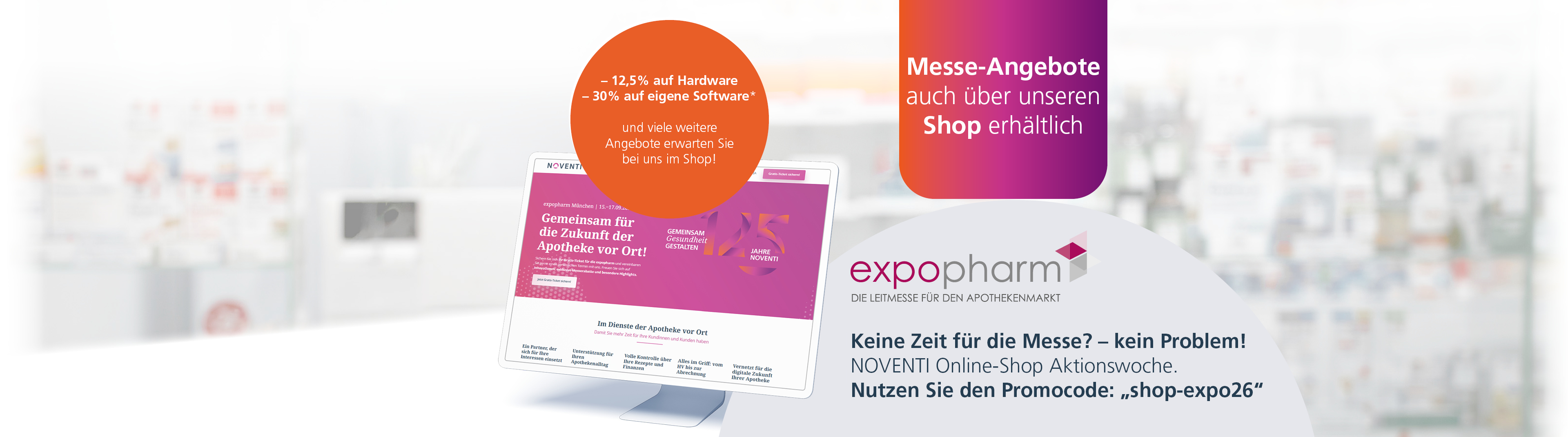 shop window, Promotionsbanner, lilafarbverlauf, orange Kreis, Tabletendisplay